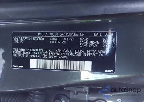 2020 Volvo S60 T6 Momentum z USA, uszkodzony, nr VIN 7JRA22TK4LG030820